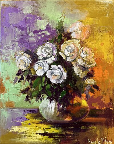 Still Life with White Roses di Reneta Isin, Pittura in vendita su Singulart