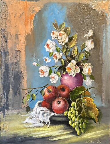 Still Life with Roses, Grapes and Apples di Reneta Isin, Pittura in vendita su Singulart