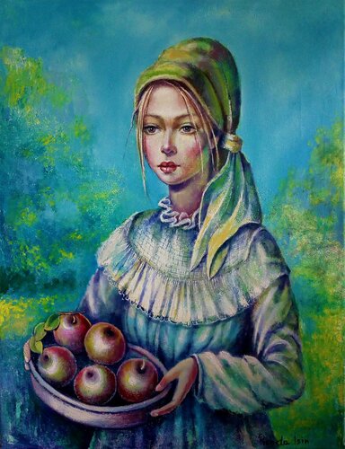 " Girl with Apples " van Reneta Isin, Schilderij te koop op Singulart