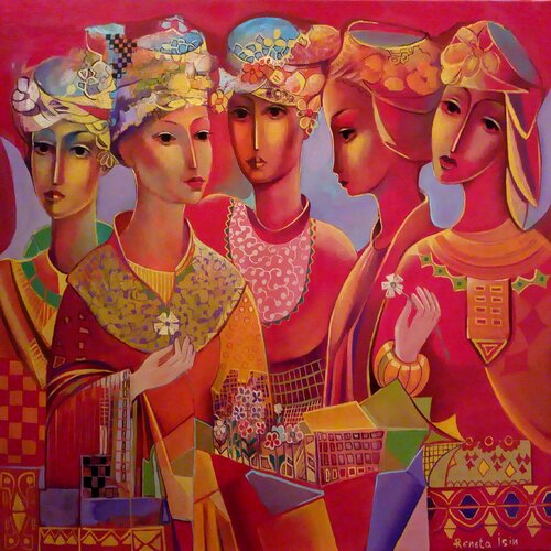 " Five Directions "  Women in red dresses - Five Women van Reneta Isin, Schilderij te koop op Singulart