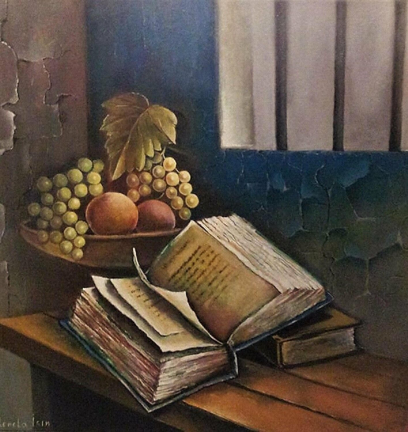 Still Life with Books and Grapes Reneta Isin Originalgemälde zu verkaufen