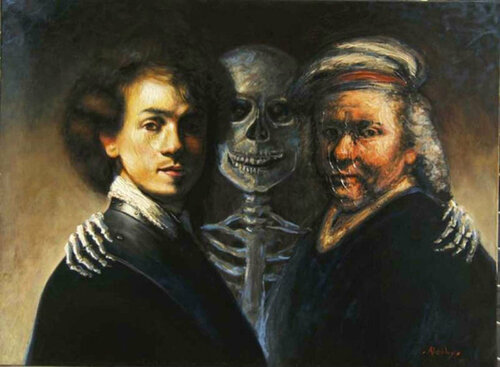 Trois portraits de Rembrandt - L'heur du bilan. di Aldehy, Pittura in vendita su Singulart