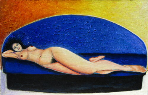Nue au canapé bleu by Aldehy, Painting for Sale on Singulart