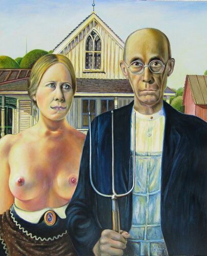DEUX PURES POIRES  -  Grant Wood - "American Gothic"  selon Aldéhy. di Aldehy, Pittura in vendita su Singulart