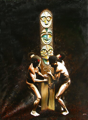 Cérémonie, installation d'un tambour d'Ambrym. de Aldehy, Pintura a la venta en Singulart