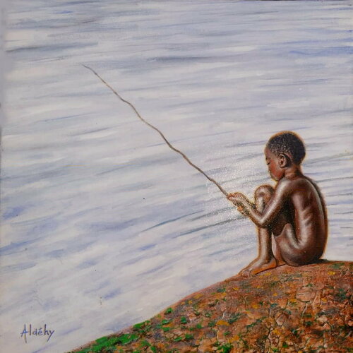 Piki boy sur les rives du maroni au pays des N'Djouka, Guyane. di Aldehy, Pittura in vendita su Singulart