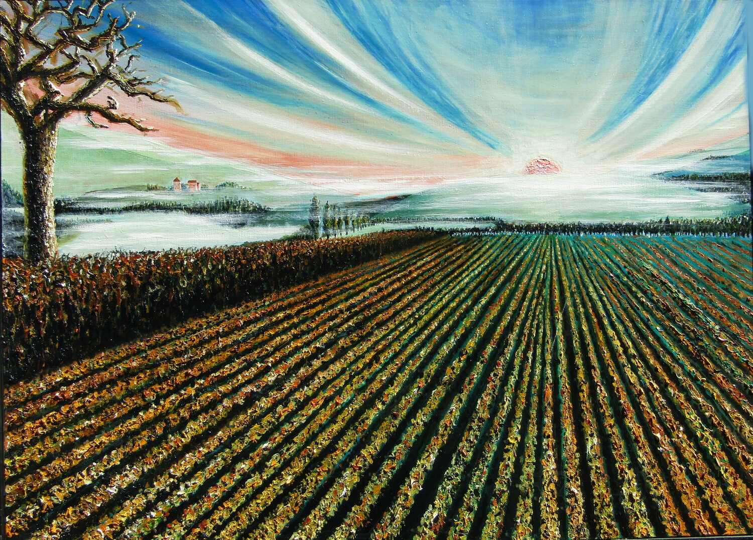 Paysage derrière un champ de nouilles. Aldehy Originalgemälde zu verkaufen