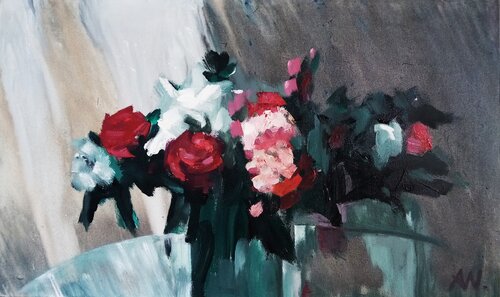 BLUMEN AUF EINEM GLASTISCH de Alexander Wotschel, Pintura a la venta en Singulart