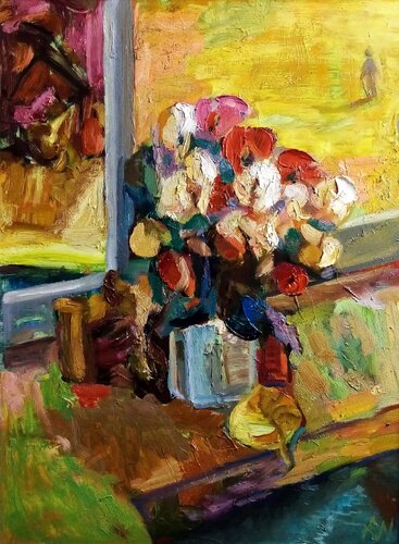"Stillleben mit Blümen auf Holz" van Alexander Wotschel, Schilderij te koop op Singulart