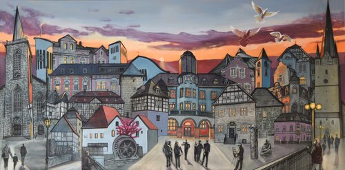 Frühling. Morgendämmerung über der Altstadt von Menden. von Alexander Wotschel, Malerei kaufen auf Singulart