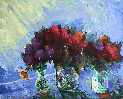 Blümen mit drei Glasvasen de Alexander Wotschel, Pintura a la venta en Singulart