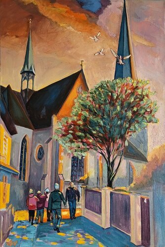 In einer kleinen Straße zur Kirche by Alexander Wotschel, Painting for Sale on Singulart