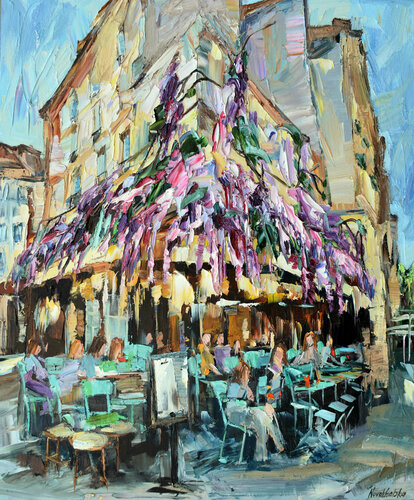 Au café fleuri par Olga Novokhatska, Peinture en vente sur Singulart