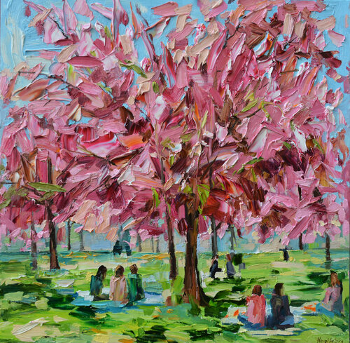 Dans un parc au printemps di Olga Novokhatska, Pittura in vendita su Singulart
