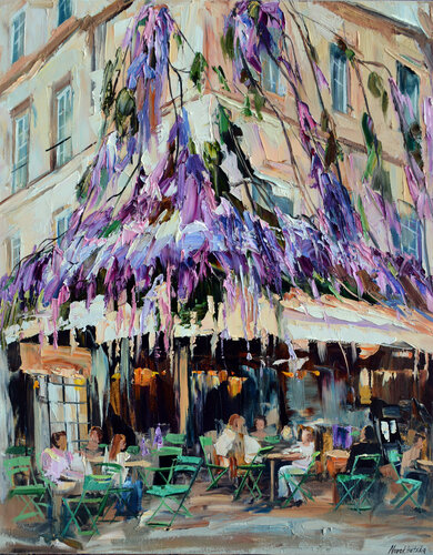 Maison Sauvage aux fleurs violettes par Olga Novokhatska, Peinture en vente sur Singulart