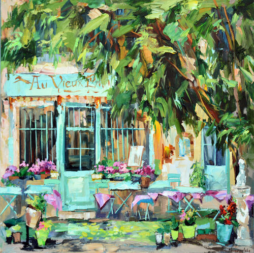 Café Au Vieux Paris aux fleurs roses par Olga Novokhatska, Peinture en vente sur Singulart