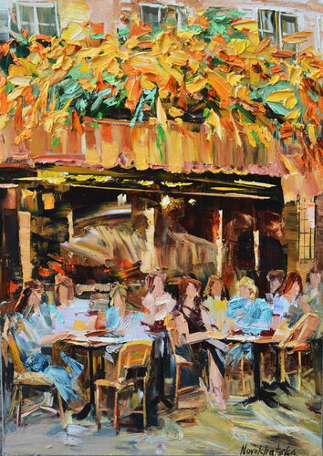 Café aux fleurs jaunes par Olga Novokhatska, Peinture en vente sur Singulart