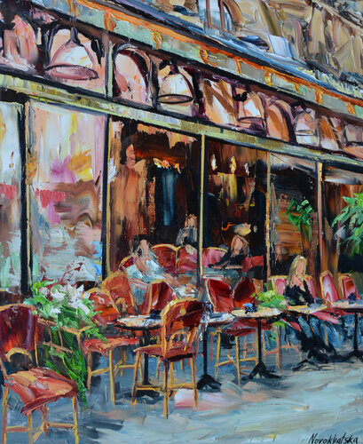 Café aux chaises rouges par Olga Novokhatska, Peinture en vente sur Singulart