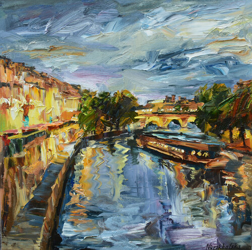 Vue sur la Seine le soir par Olga Novokhatska, Peinture en vente sur Singulart