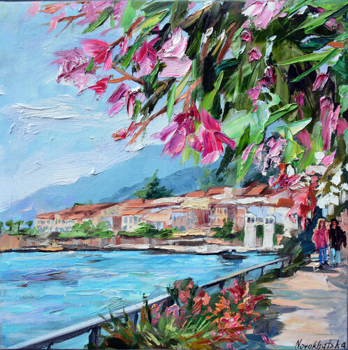 Vue sur le lac de Côme di Olga Novokhatska, Pittura in vendita su Singulart
