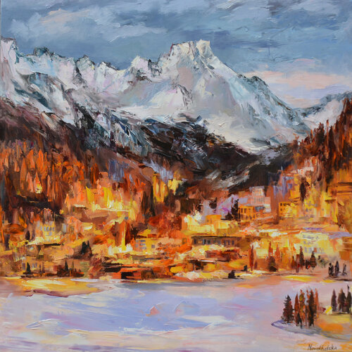 Station de ski le soir par Olga Novokhatska, Peinture en vente sur Singulart
