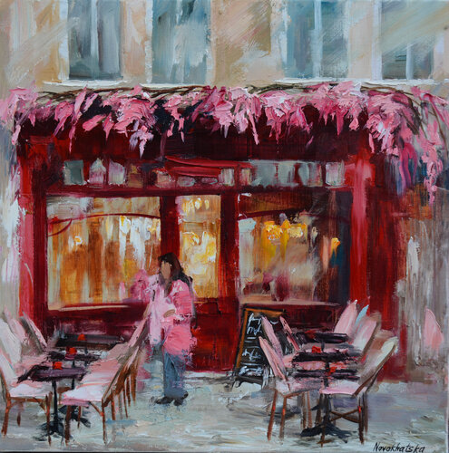 Café aux fleurs roses di Olga Novokhatska, Pittura in vendita su Singulart