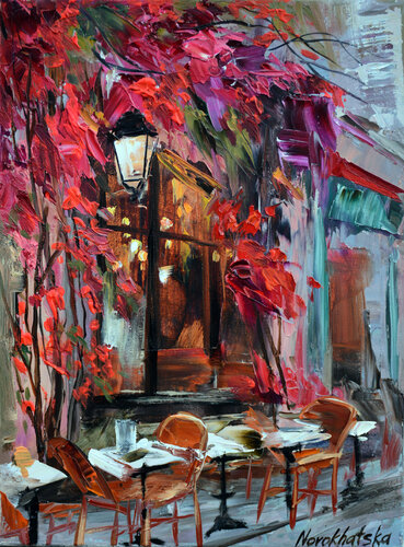 Café aux fleurs rouges di Olga Novokhatska, Pittura in vendita su Singulart