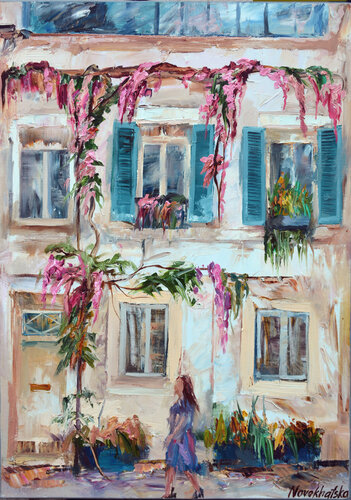 Maison aux fleurs roses von Olga Novokhatska, Malerei kaufen auf Singulart