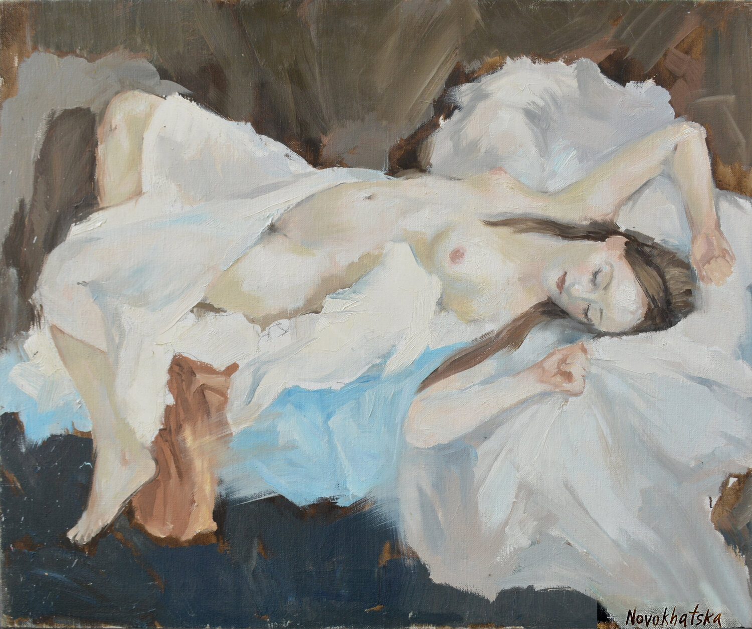 Modèle sur le drap blanc Olga Novokhatska Origineel schilderij te koop