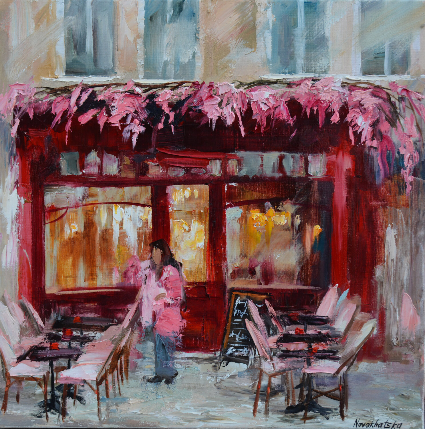 Café aux fleurs roses Olga Novokhatska Origineel schilderij te koop