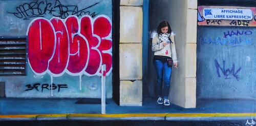 Jeune femme au pull blanc van Emilie Pannier, Schilderij te koop op Singulart