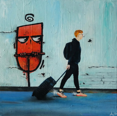 Jeune homme à la valise noire van Emilie Pannier, Schilderij te koop op Singulart