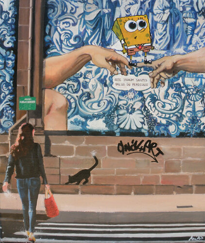 Bob l'éponge sur le pont Michael Ange by Emilie Pannier, 회화 for Sale on Singulart