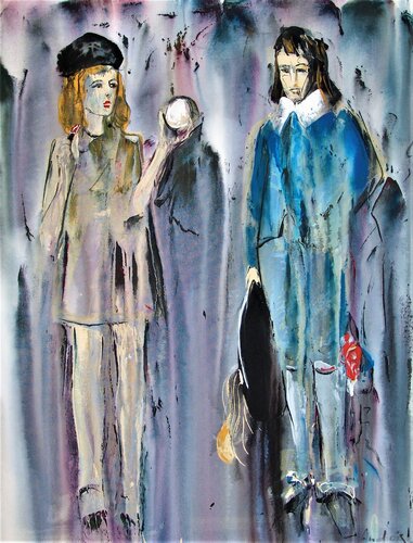 Boy in blue wear and Girl putting on lipstick de Andrejs Bovtovics, Pintura a la venta en Singulart