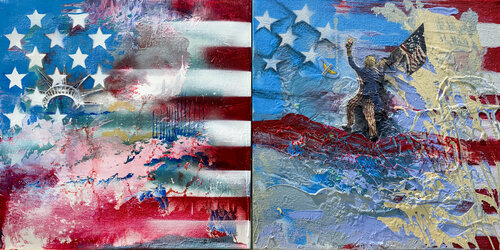 f-12,13  - The Banana Taped to Americana - Diptych van Aleks Rosenberg, Schilderij te koop op Singulart