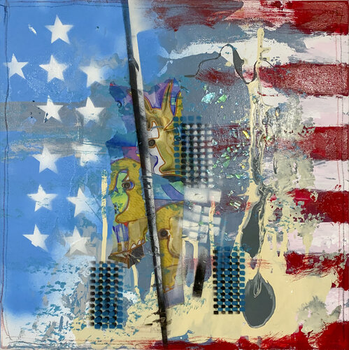 F-16  BLACK & WHITE RED & BLUE- THE DIVIDE 1 van Aleks Rosenberg, Schilderij te koop op Singulart