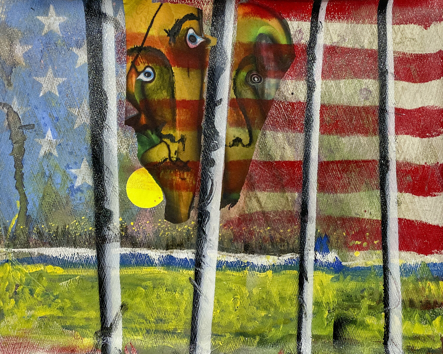 F-24 Imagined Memory of Years Past - flag Aleks Rosenberg Originalgemälde zu verkaufen