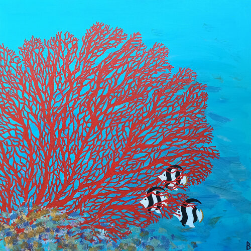 Coral and 3 striped Fish di Berit Bredahl, Pittura in vendita su Singulart