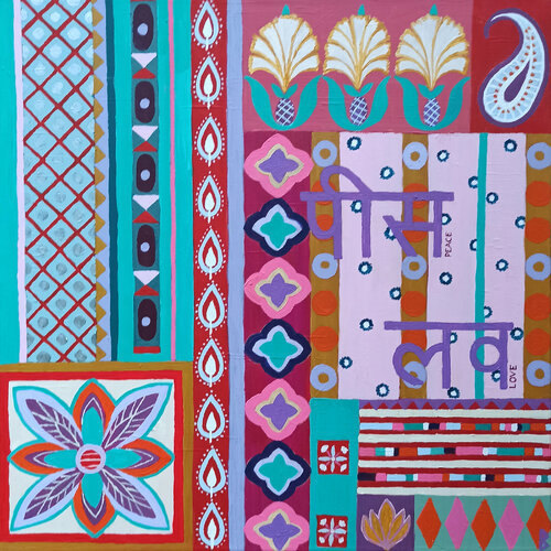 Peace, Love and the happy colors of India van Berit Bredahl, Schilderij te koop op Singulart