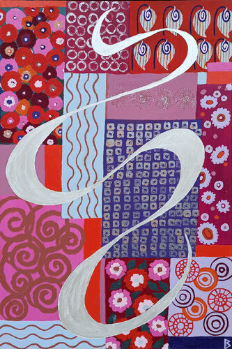 White Shape in a red Garden van Berit Bredahl, Schilderij te koop op Singulart