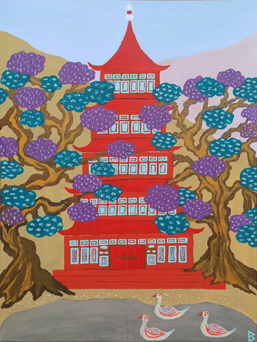 Red Pagoda by Berit Bredahl, Painting for Sale on Singulart