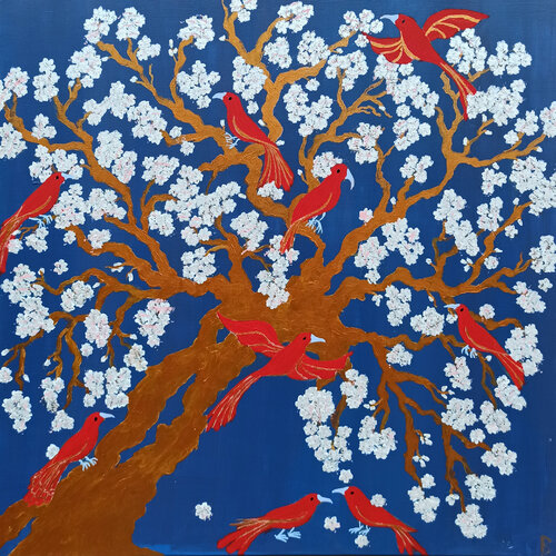 Cherry Blossoms and red Birds by Berit Bredahl, 회화 for Sale on Singulart