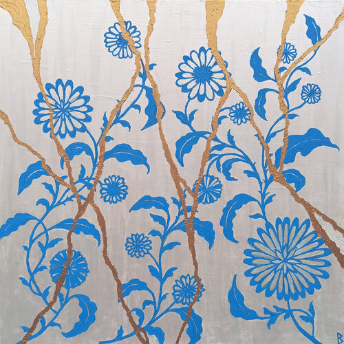 Kintsugi II - The antique Plate with blue Flowers by Berit Bredahl, Painting for Sale on Singulart