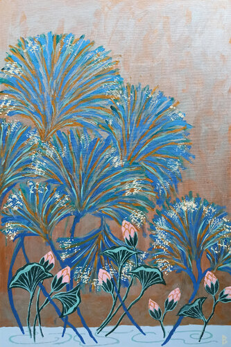 Blue Papyrus and Lotus Buds van Berit Bredahl, Schilderij te koop op Singulart