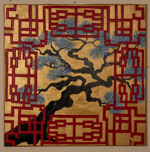Gnarled Tree and red Lattice Screen by Berit Bredahl, Painting for Sale on Singulart