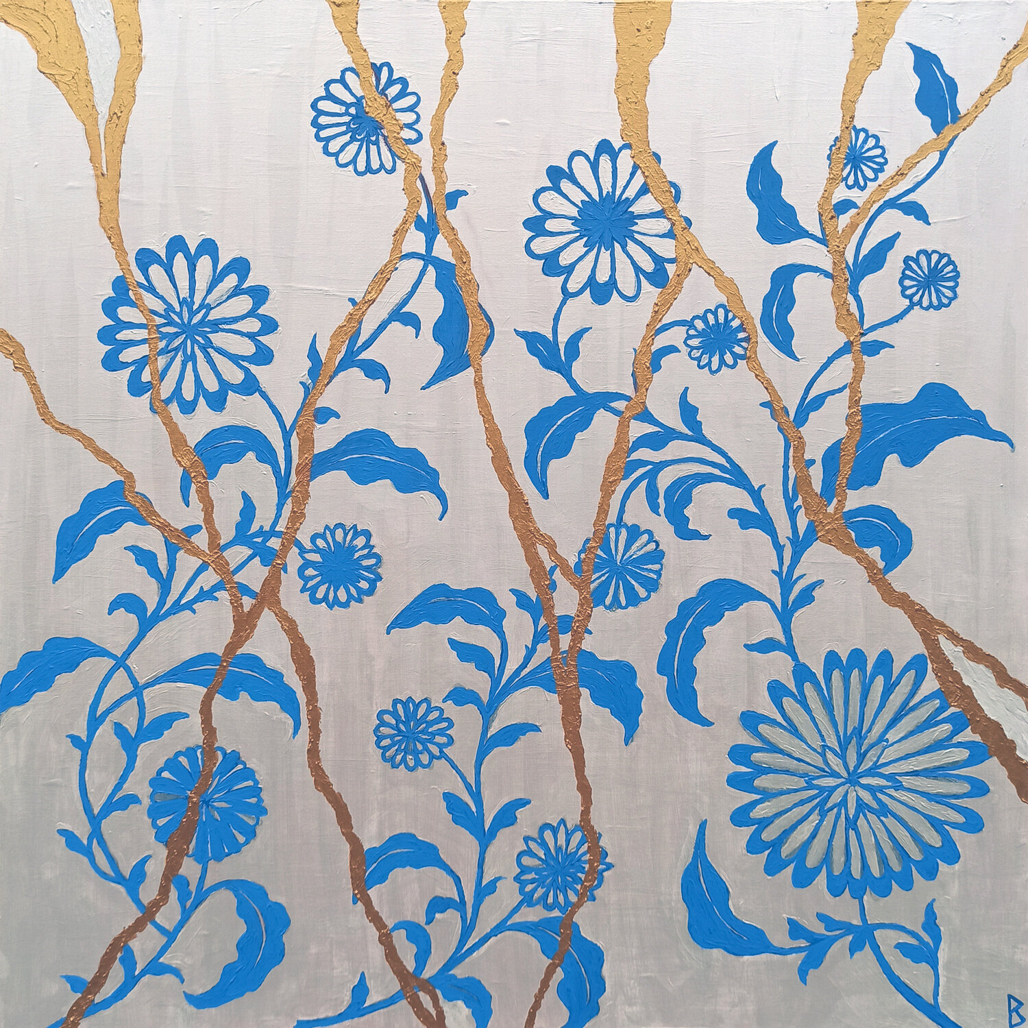 Kintsugi II - The antique Plate with blue Flowers Berit Bredahl Originalgemälde zu verkaufen
