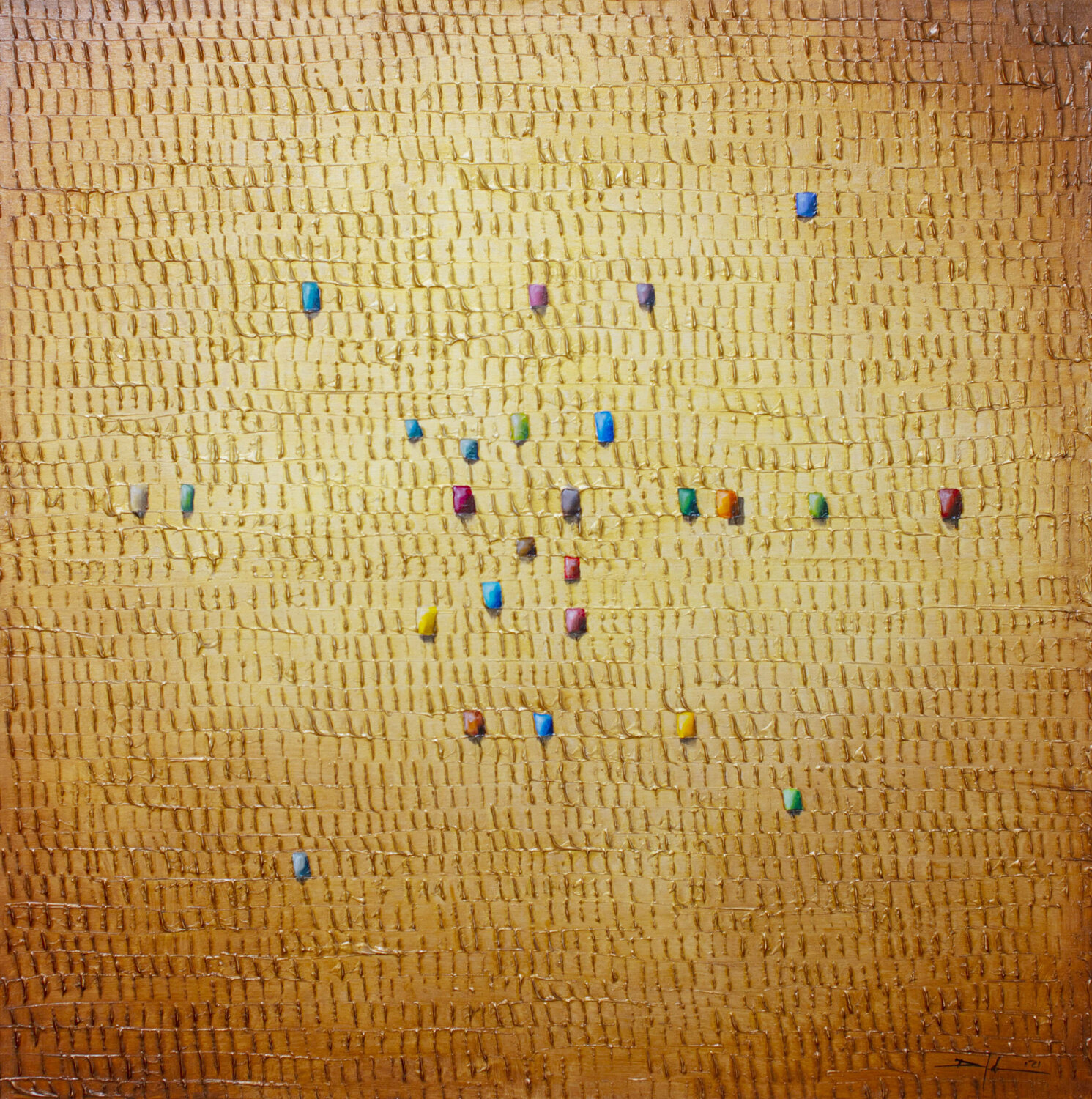 Analog Pixels / Serial Rectangles / 2021 / gold / 120x120 Danny Frede Original painting for sale