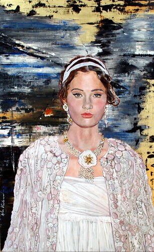 Frauenportrait in Weiss und Gold von Sylvia Vandermeer, Malerei kaufen auf Singulart