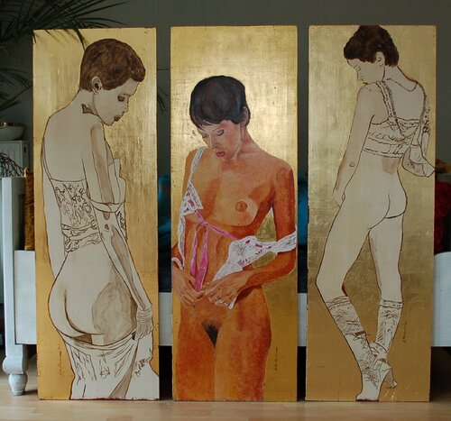 Triptychon Stehender Frauenakt auf Goldrund von Sylvia Vandermeer, Malerei kaufen auf Singulart