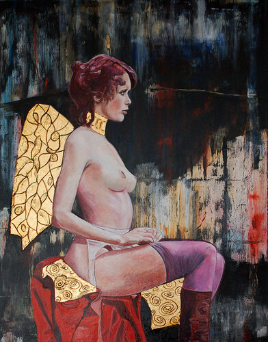 Sitzender Frauenakt mit Goldflügeln von Sylvia Vandermeer, Malerei kaufen auf Singulart